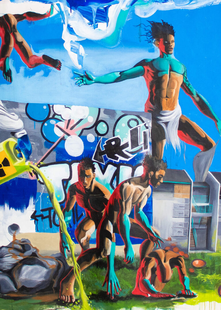 Mural of men with blue body paint